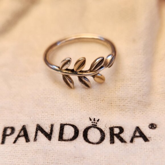 Authentic Pandora Laurel Leaves Sterling Silver and 14K Gold Ring 58~8.5 - Picture 1 of 7